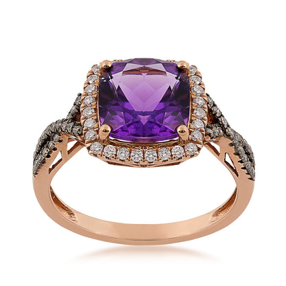 Cushion Amethyst & 1/3 ct. tw. Mocha & White Diamond Halo Twist Ring in 10K Pink Gold