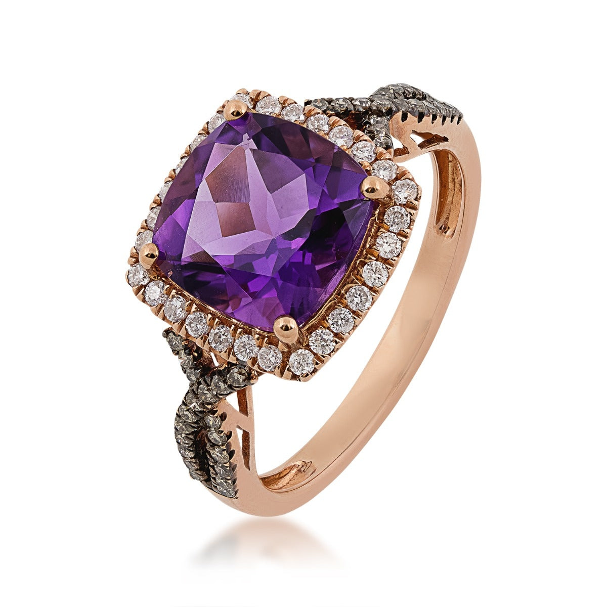 Cushion Amethyst & 1/3 ct. tw. Mocha & White Diamond Halo Twist Ring in 10K Pink Gold front view