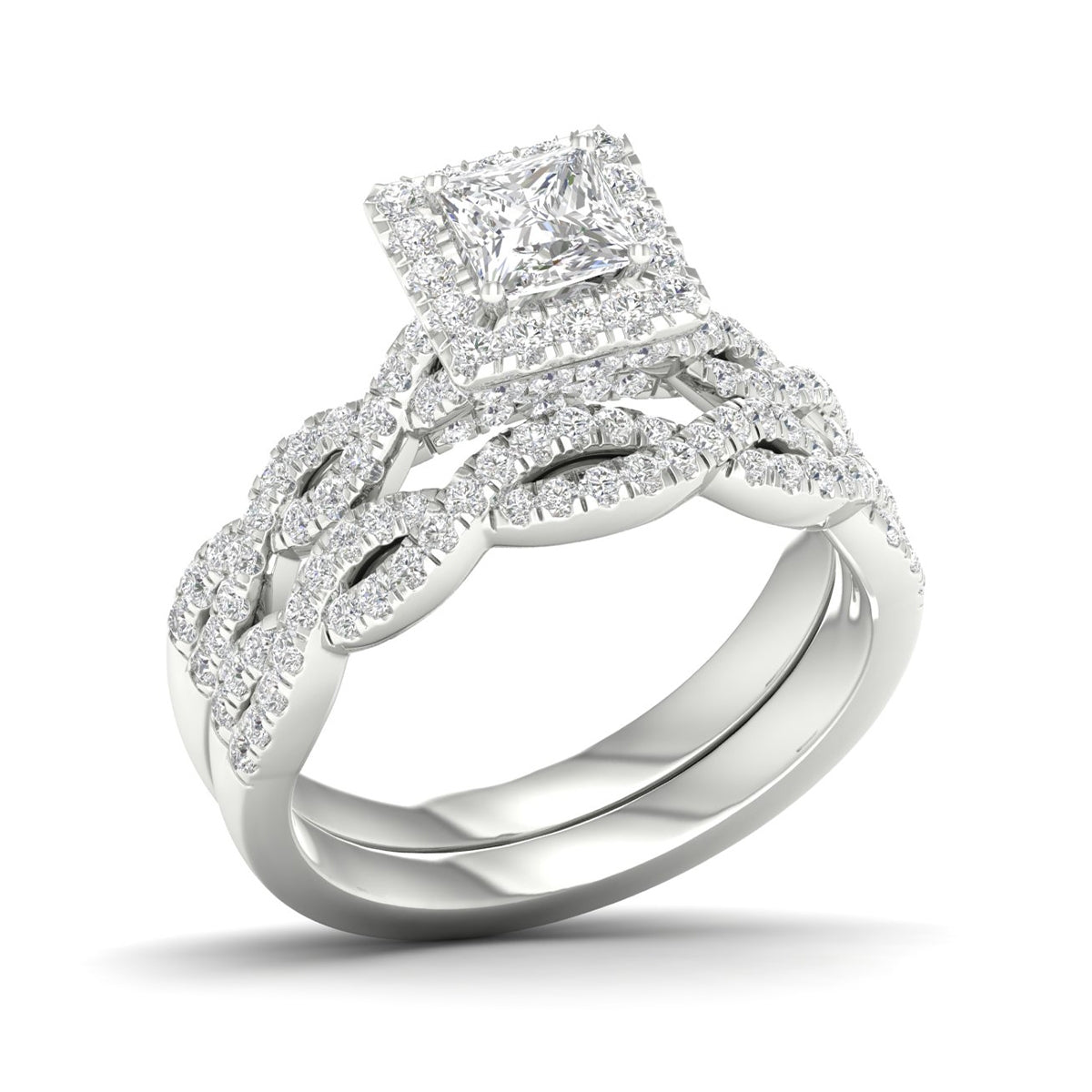 Adamante 1-5/8 ct. tw. Lab-Grown Princess Cut Diamond Halo Twist Wedding Set in 14K White Gold front view