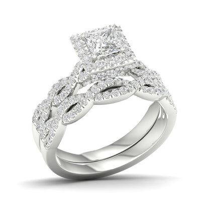 Adamante 1-5/8 ct. tw. Lab-Grown Princess Cut Diamond Halo Twist Wedding Set in 14K White Gold front view
