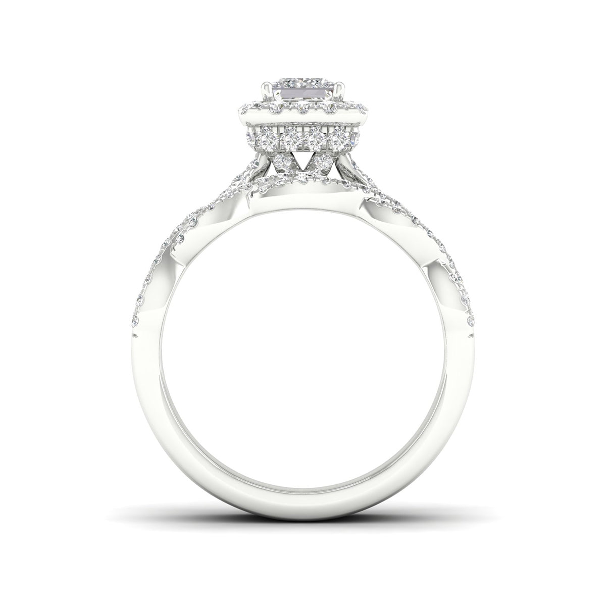 Adamante 1-5/8 ct. tw. Lab-Grown Princess Cut Diamond Halo Twist Wedding Set in 14K White Gold close-up detail