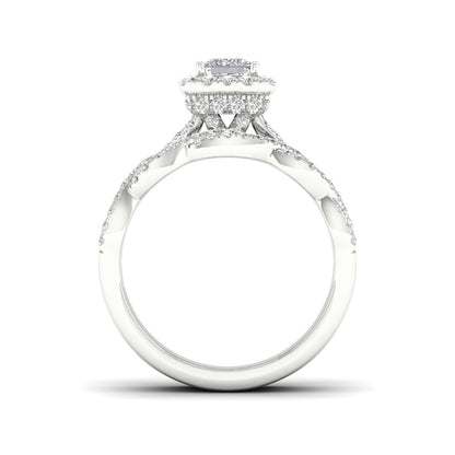 Adamante 1-5/8 ct. tw. Lab-Grown Princess Cut Diamond Halo Twist Wedding Set in 14K White Gold close-up detail