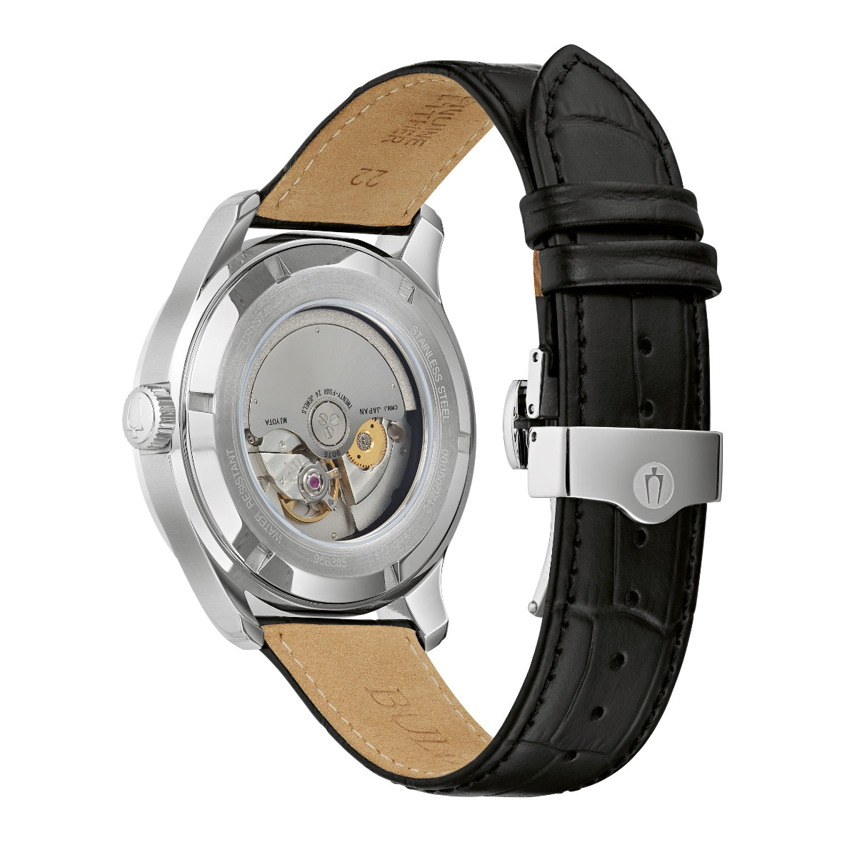 Bulova Wilton GMT Stainless Steel Watch with Blue Map Dial & Black Leather Strap front view