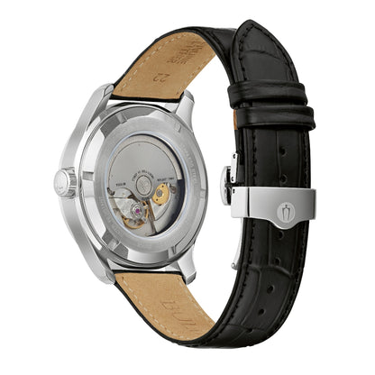 Bulova Wilton GMT Stainless Steel Watch with Blue Map Dial & Black Leather Strap front view