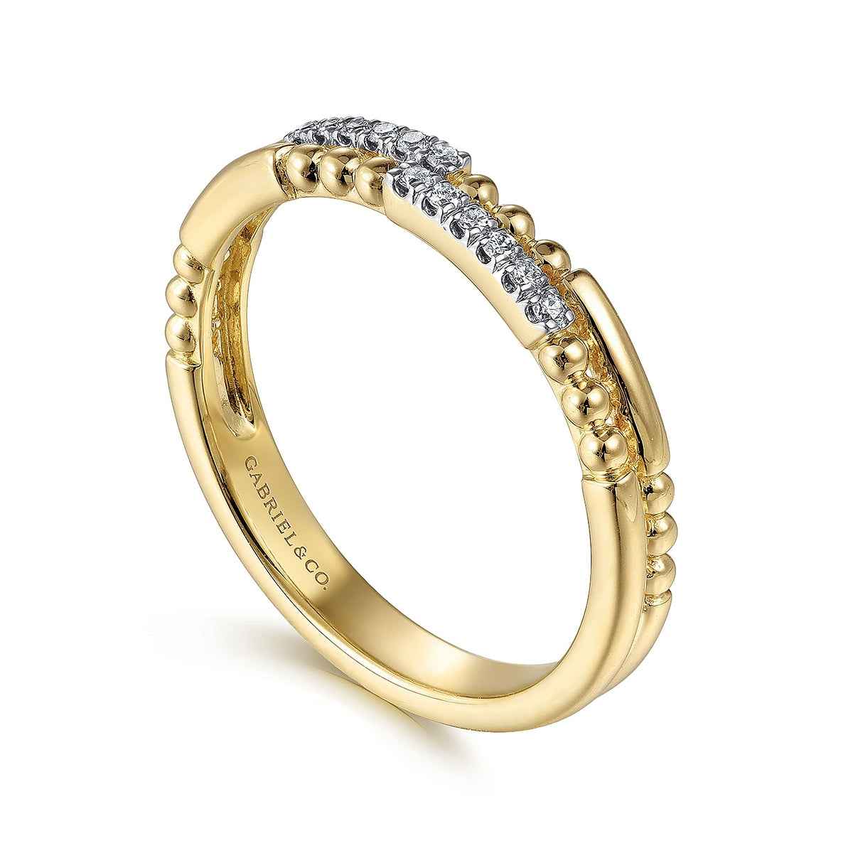 Gabriel & Co. 1/20 ct. tw. Diamond Two Row Beaded Stackable Ring in 14K Yellow Gold front view
