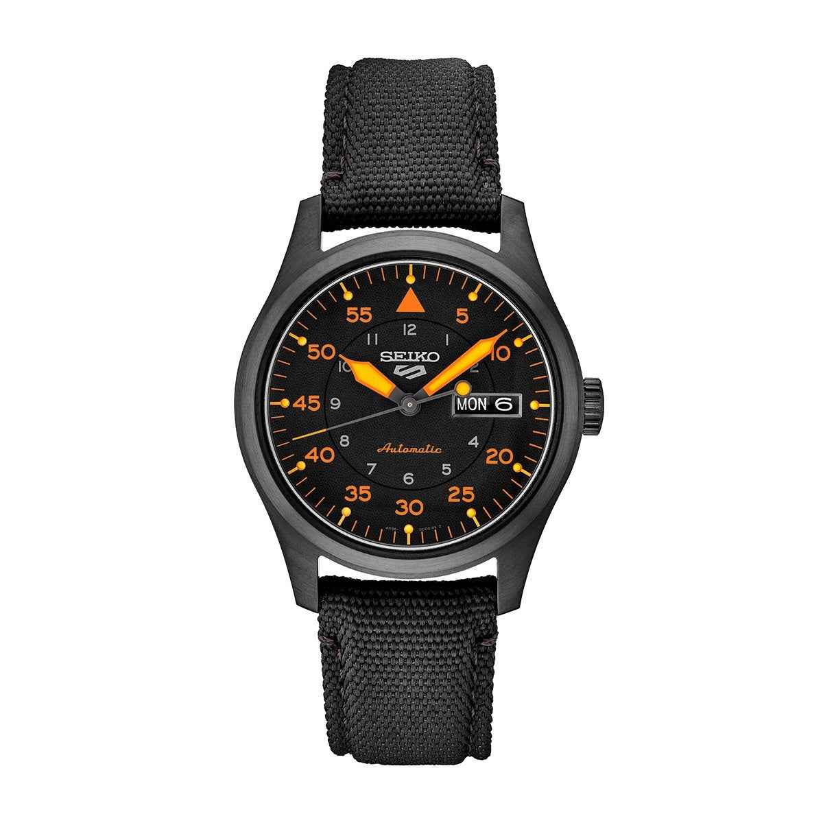 Seiko Men's 5 Sports Automatic Black Stainless Steel Watch with Black Dial & Nylon Strap