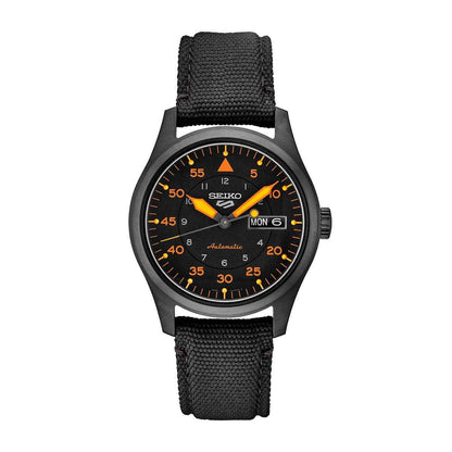 Seiko Men's 5 Sports Automatic Black Stainless Steel Watch with Black Dial & Nylon Strap