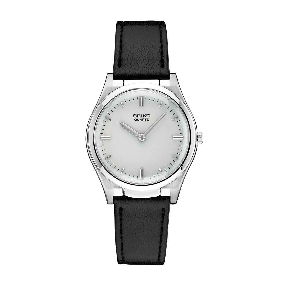 Seiko Men's Essentials Quartz Stainless Steel Watch with Silver Dial & Black Leather Strap
