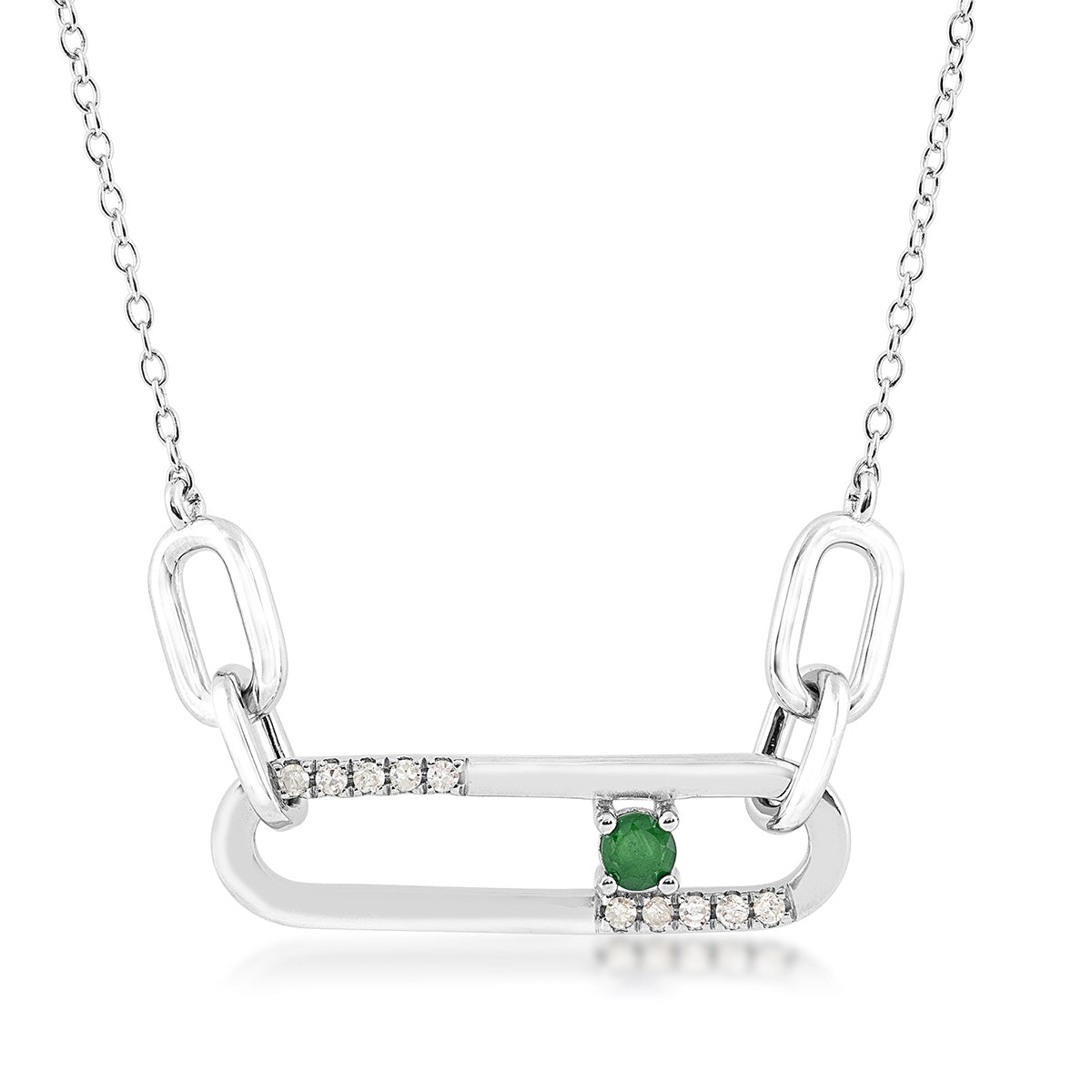 Round Emerald & 1/10 ct. tw. Diamond Paperclip Necklace in Sterling Silver