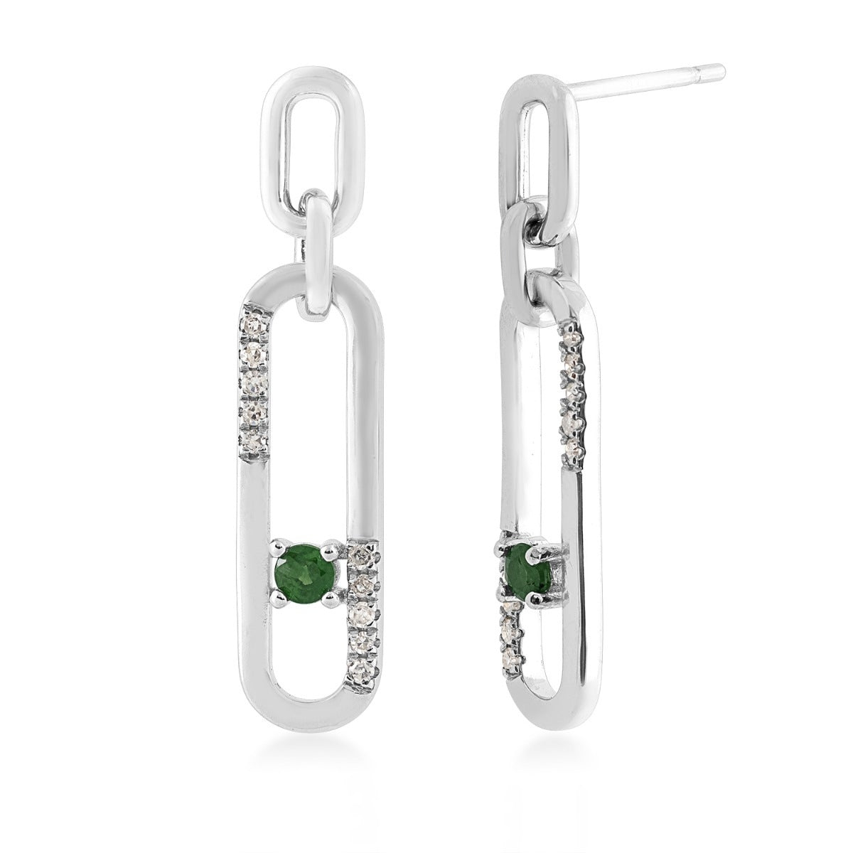 Round Emerald & 1/10 ct. tw. Diamond Paperclip Earrings in Sterling Silver