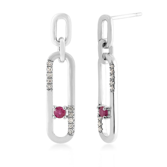 Round Ruby & 1/10 ct. tw. Diamond Paperclip Earrings in Sterling Silver