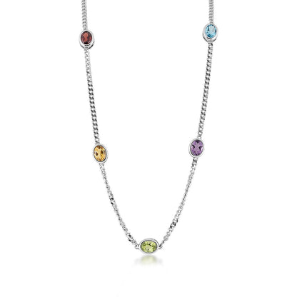 Oval Bezel Set Multi-Gemstone Station Necklace on 2.8mm Curb Chain in Sterling Silver front view
