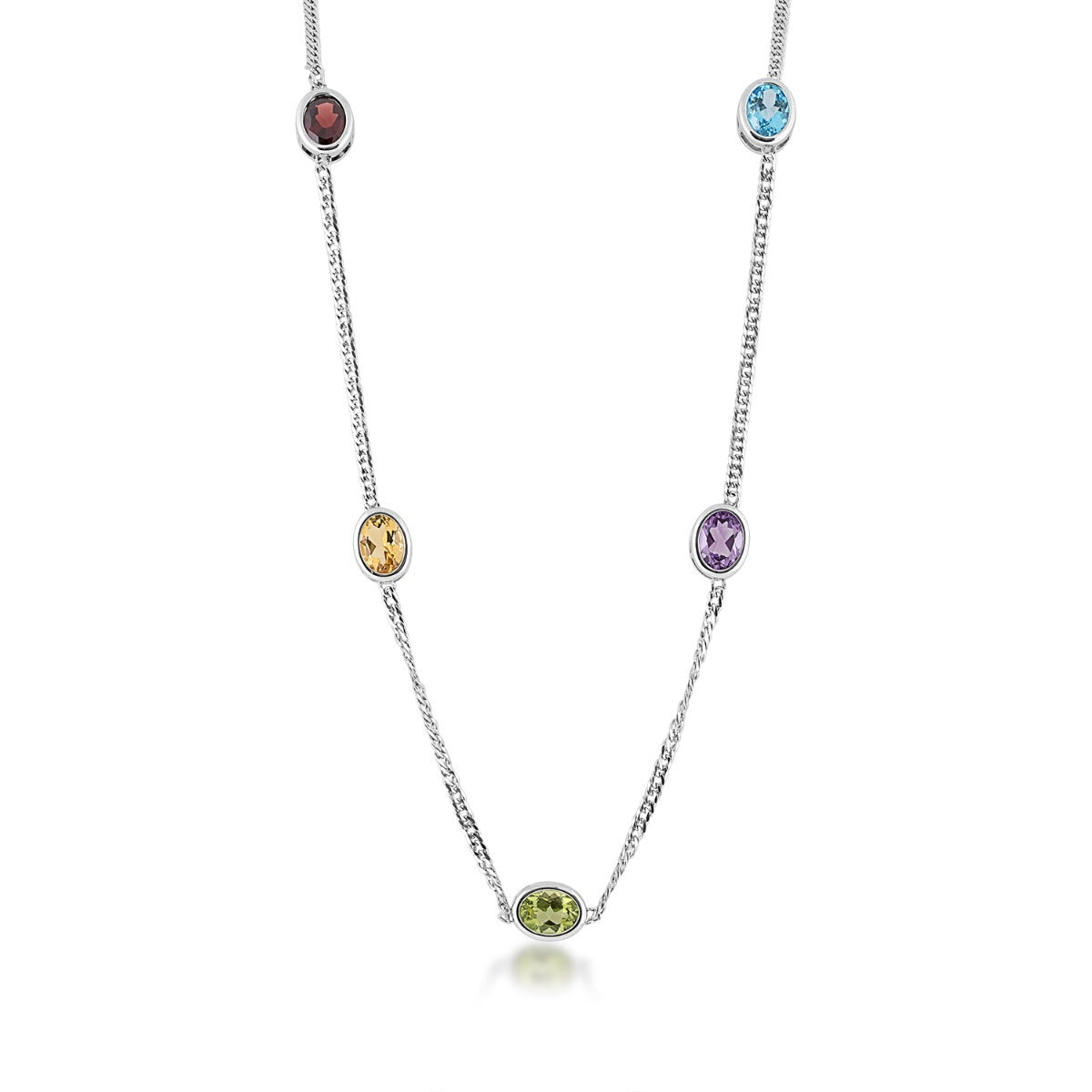 Oval Bezel Set Multi-Gemstone Station Necklace on 2mm Curb Chain in Sterling Silver front view