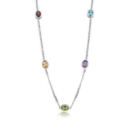 Oval Bezel Set Multi-Gemstone Station Necklace on 2mm Curb Chain in Sterling Silver front view