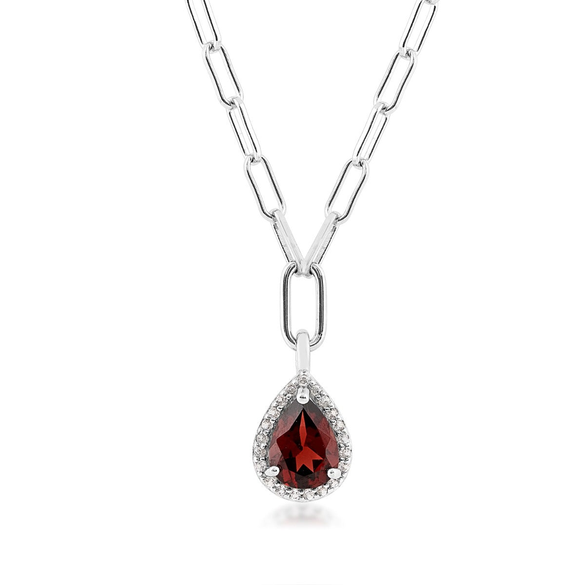 Pear Garnet & White Topaz Halo Necklace in Sterling Silver front view