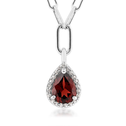 Pear Garnet & White Topaz Halo Necklace in Sterling Silver