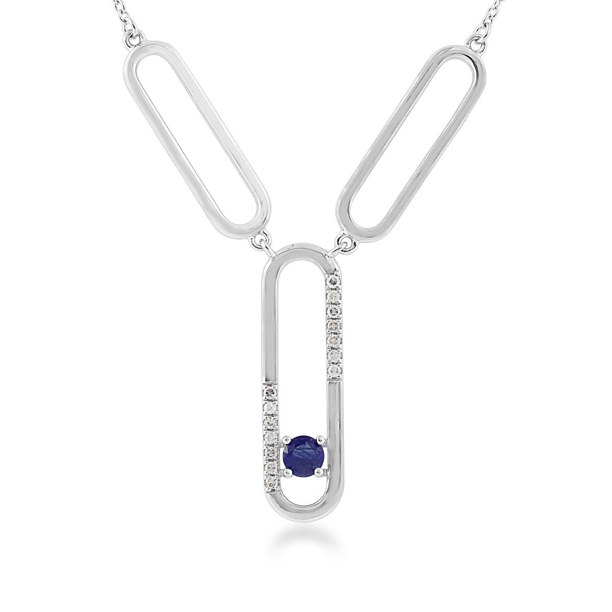 Round Sapphire & 1/8 ct. tw. Diamond Paperclip Necklace in Sterling Silver