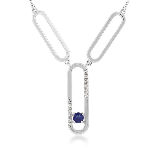 Round Sapphire & 1/8 ct. tw. Diamond Paperclip Necklace in Sterling Silver