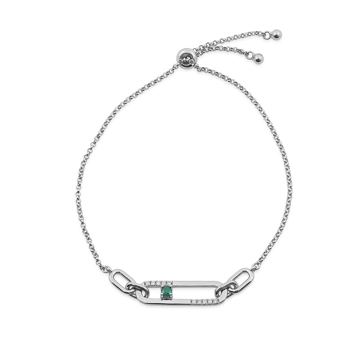 Round Emerald & 1/10 ct. tw. Diamond Paperclip Bolo Bracelet in Sterling Silver