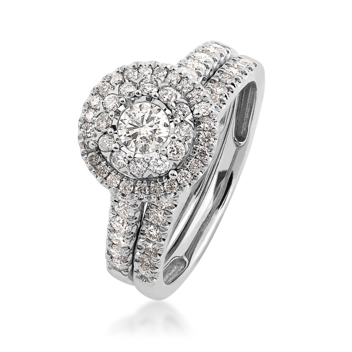 Natural 1 ct. tw. Round Diamond Double Halo Wedding Set with Miracle Plate in 10K White Gold front view
