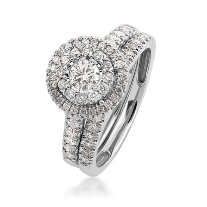 Natural 1 ct. tw. Round Diamond Double Halo Wedding Set with Miracle Plate in 10K White Gold front view