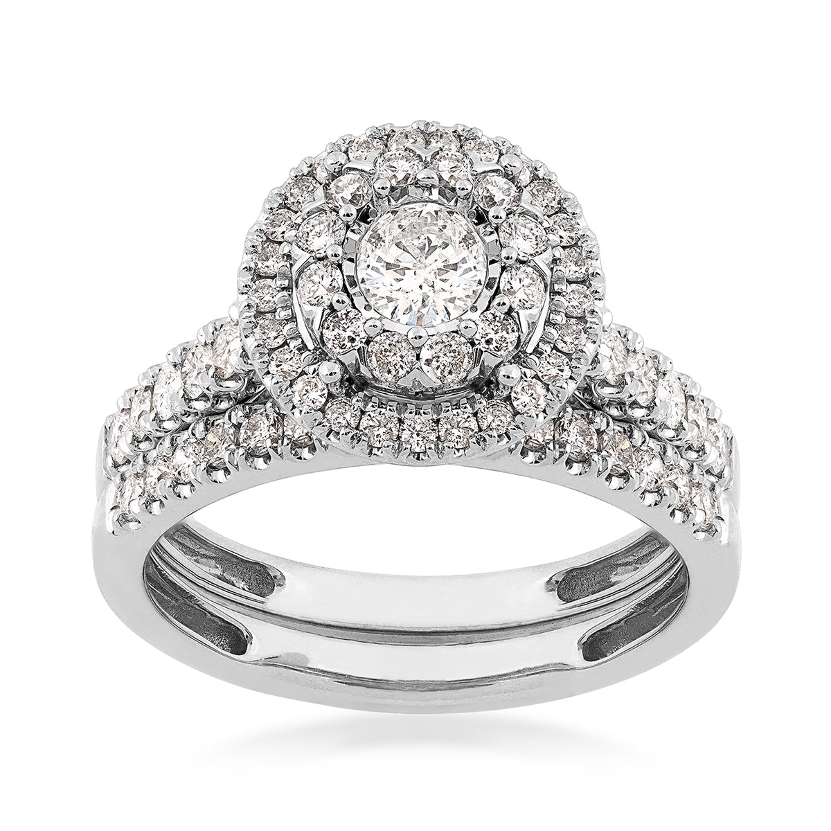 Natural 1 ct. tw. Round Diamond Double Halo Wedding Set with Miracle Plate in 10K White Gold