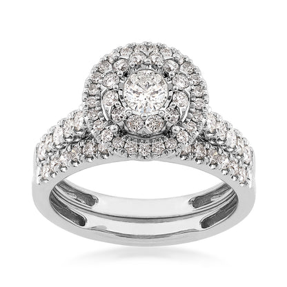 Natural 1 ct. tw. Round Diamond Double Halo Wedding Set with Miracle Plate in 10K White Gold