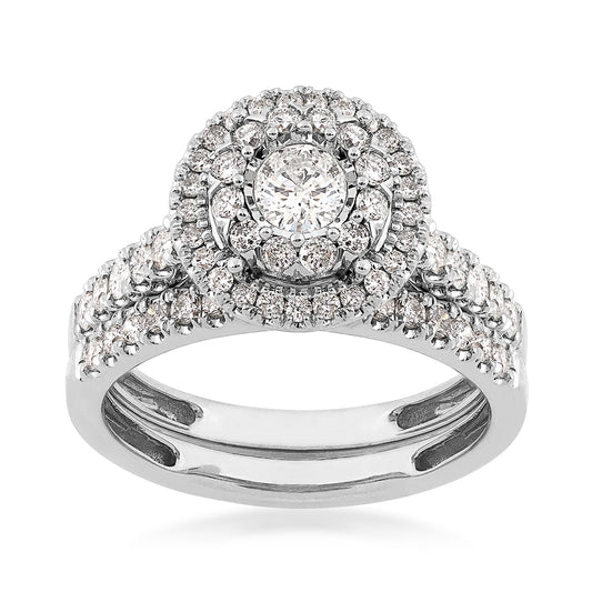 Natural 1 ct. tw. Round Diamond Double Halo Wedding Set with Miracle Plate in 10K White Gold