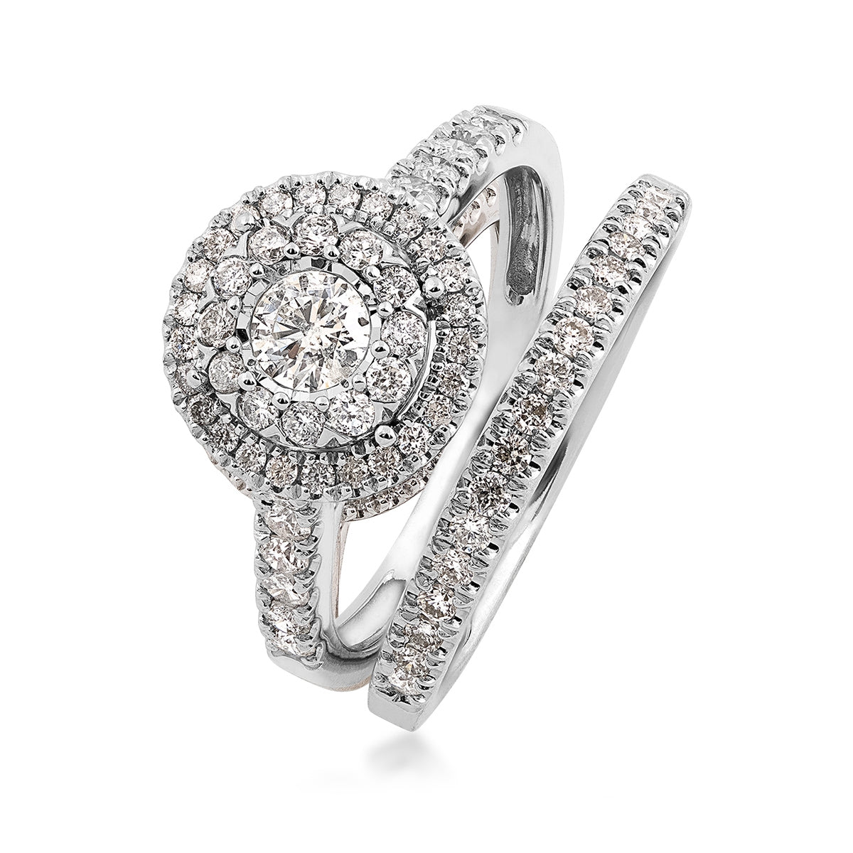 Natural 1 ct. tw. Round Diamond Double Halo Wedding Set with Miracle Plate in 10K White Gold close-up detail