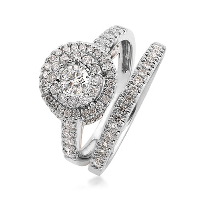 Natural 1 ct. tw. Round Diamond Double Halo Wedding Set with Miracle Plate in 10K White Gold close-up detail