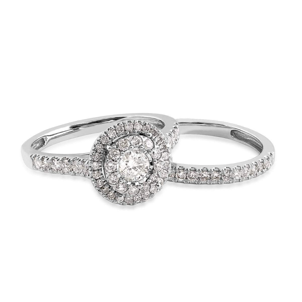 Natural 1 ct. tw. Round Diamond Double Halo Wedding Set with Miracle Plate in 10K White Gold side profile