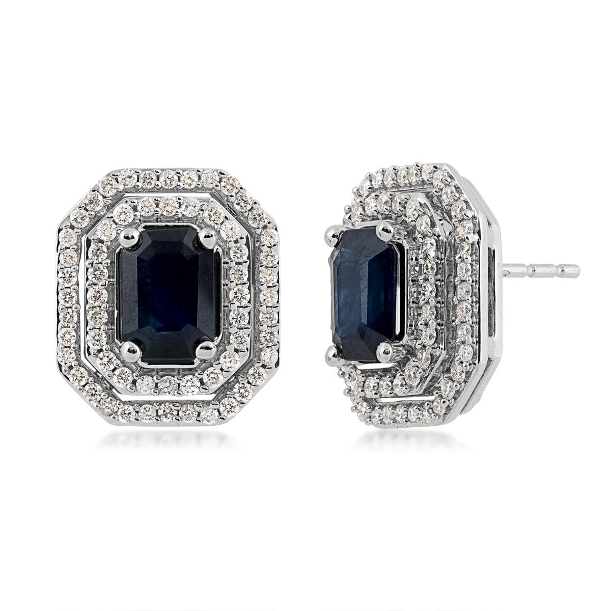 Emerald Cut Sapphire & 1/2 ct. tw. Diamond Double Halo Earrings in 10K White Gold