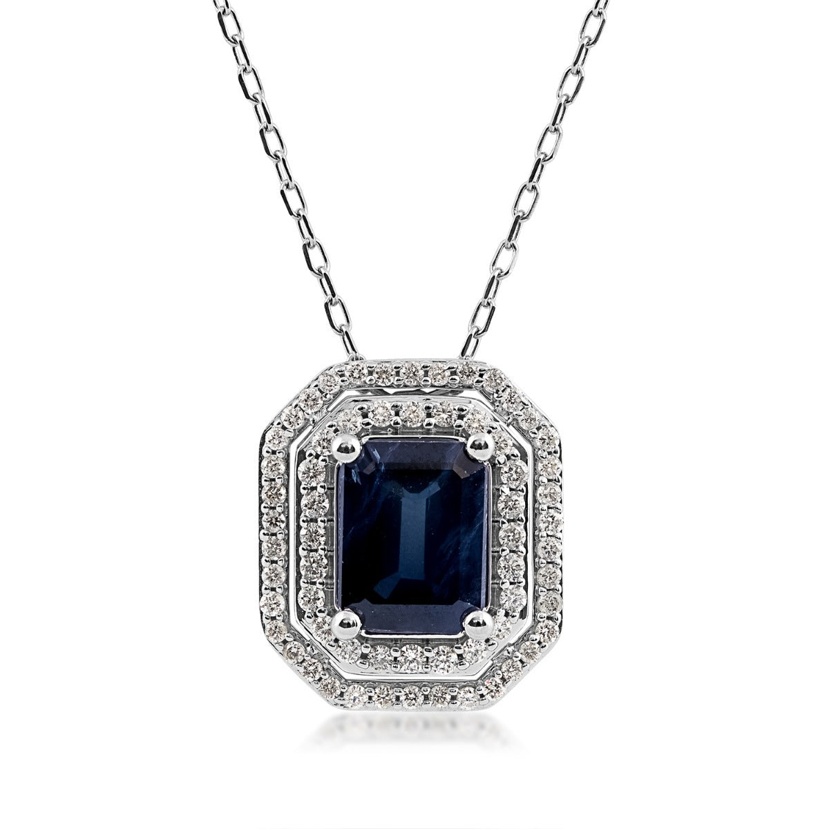 Emerald Cut Sapphire & 1/3 ct. tw. Diamond Double Halo Pendant in 10K White Gold