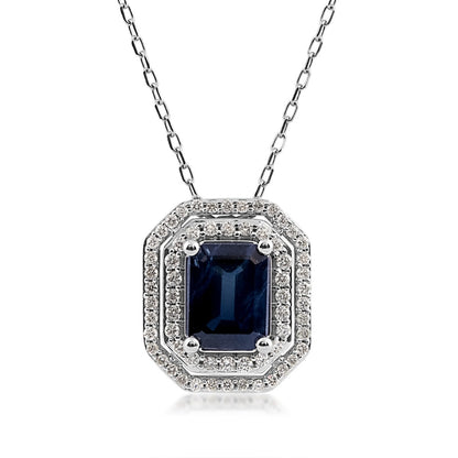 Emerald Cut Sapphire & 1/3 ct. tw. Diamond Double Halo Pendant in 10K White Gold