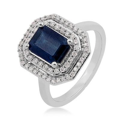 Emerald Cut Sapphire & 1/3 ct. tw. Diamond Double Halo Ring in 10K White Gold front view