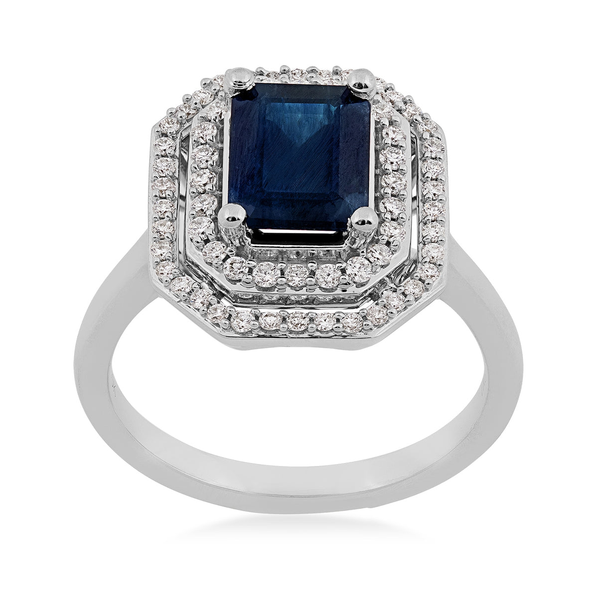 Emerald Cut Sapphire & 1/3 ct. tw. Diamond Double Halo Ring in 10K White Gold