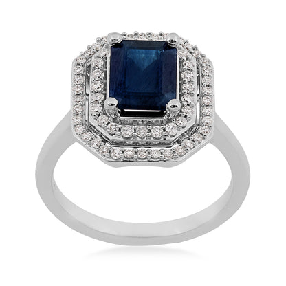 Emerald Cut Sapphire & 1/3 ct. tw. Diamond Double Halo Ring in 10K White Gold
