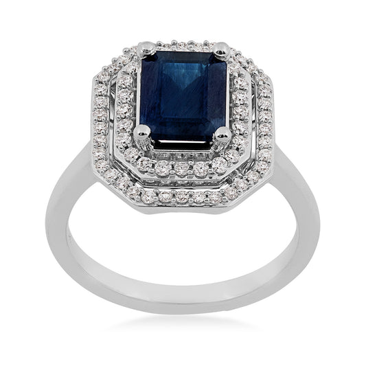 Emerald Cut Sapphire & 1/3 ct. tw. Diamond Double Halo Ring in 10K White Gold