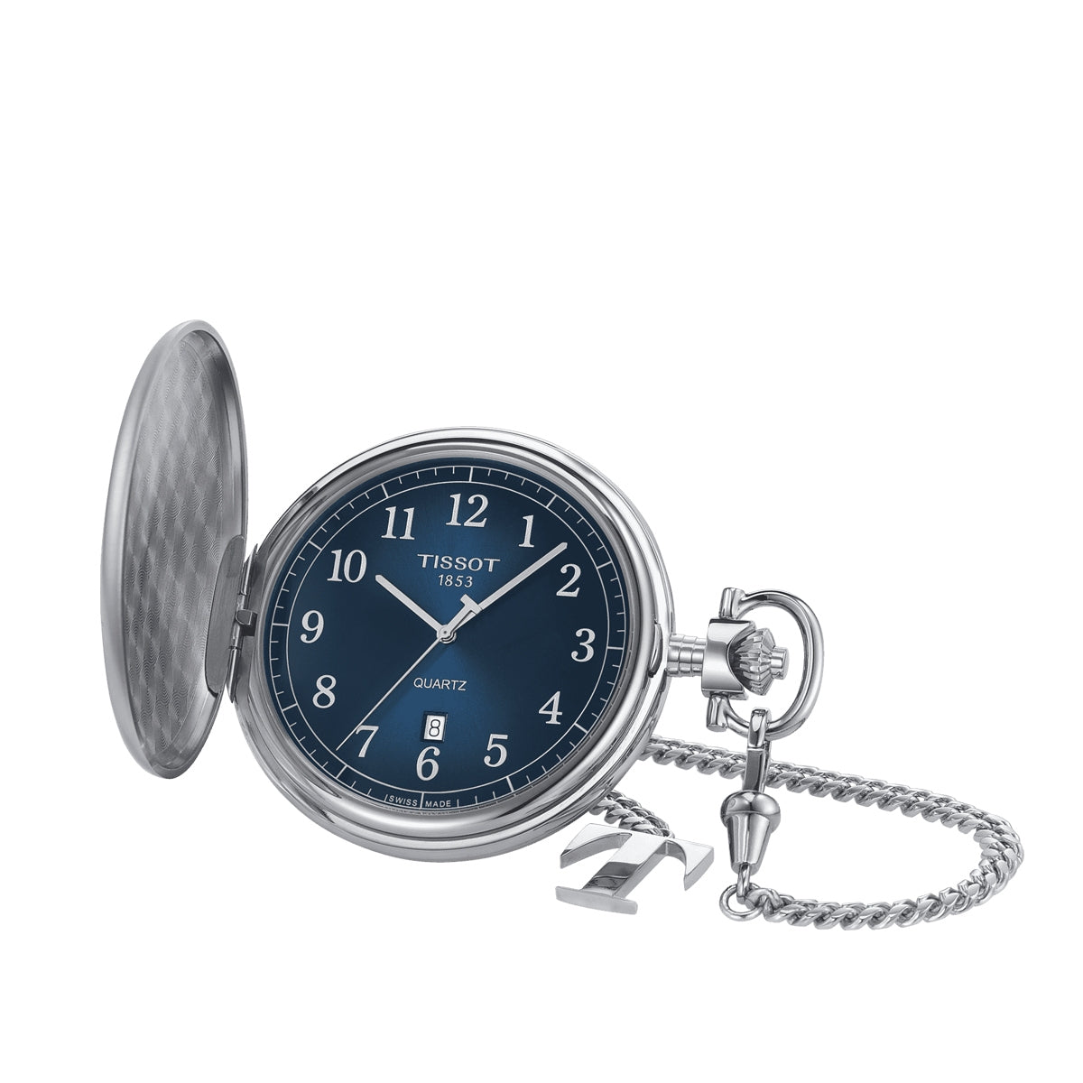 Tissot Men's Savonette Quartz Stainless Steel Pocket Watch with Blue Dial side profile
