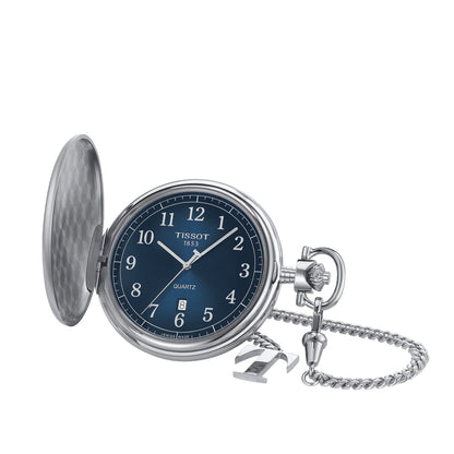 Tissot Men's Savonette Quartz Stainless Steel Pocket Watch with Blue Dial side profile