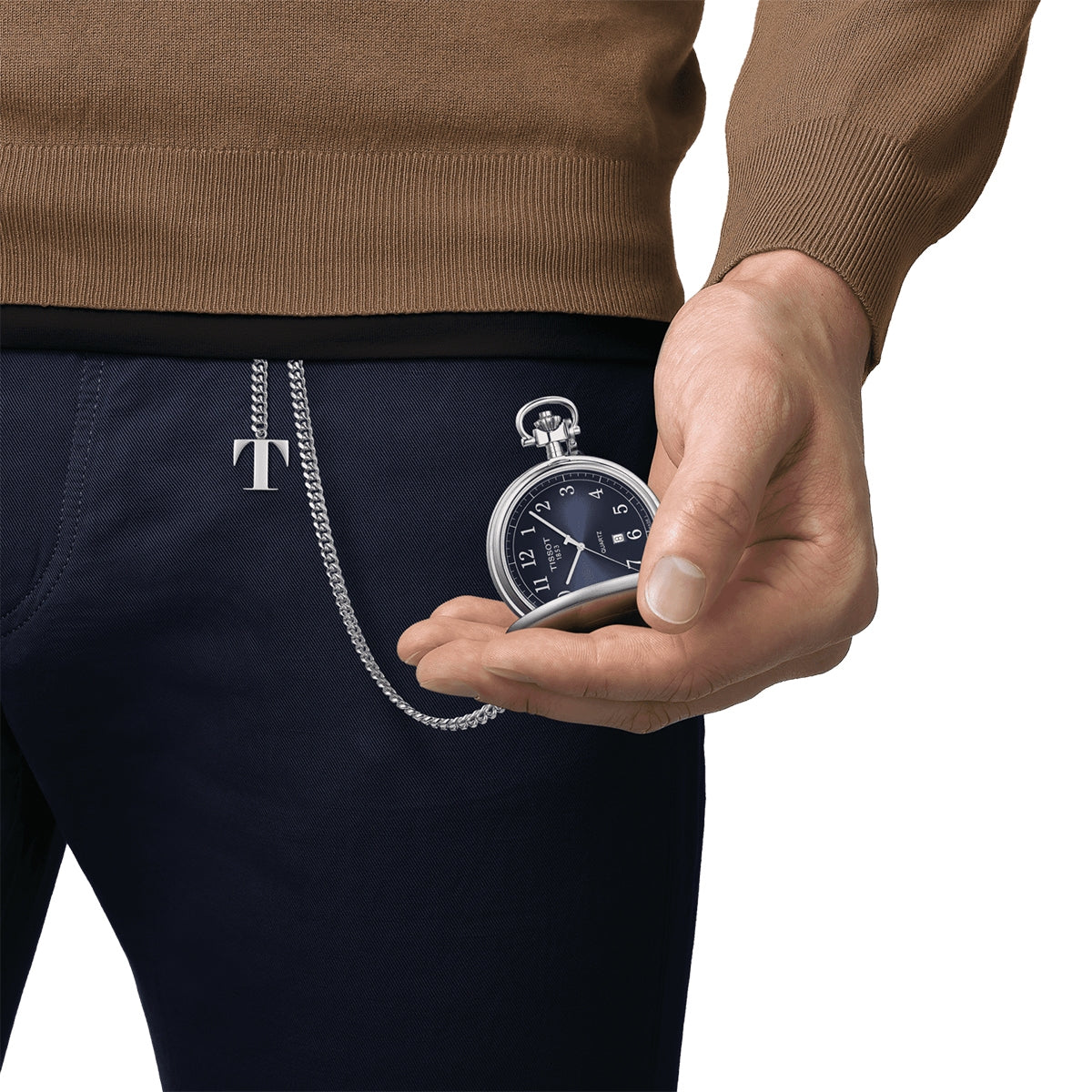 Tissot Men's Savonette Quartz Stainless Steel Pocket Watch with Blue Dial angled view