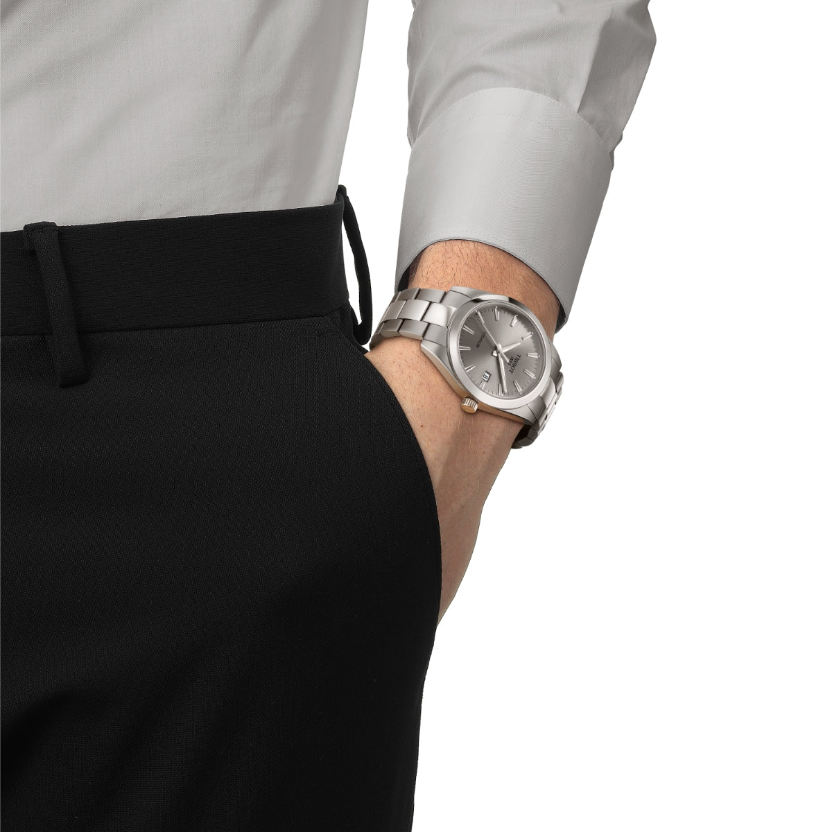 Tissot Men's Gentleman Titanium Watch with Silver Dial close-up detail