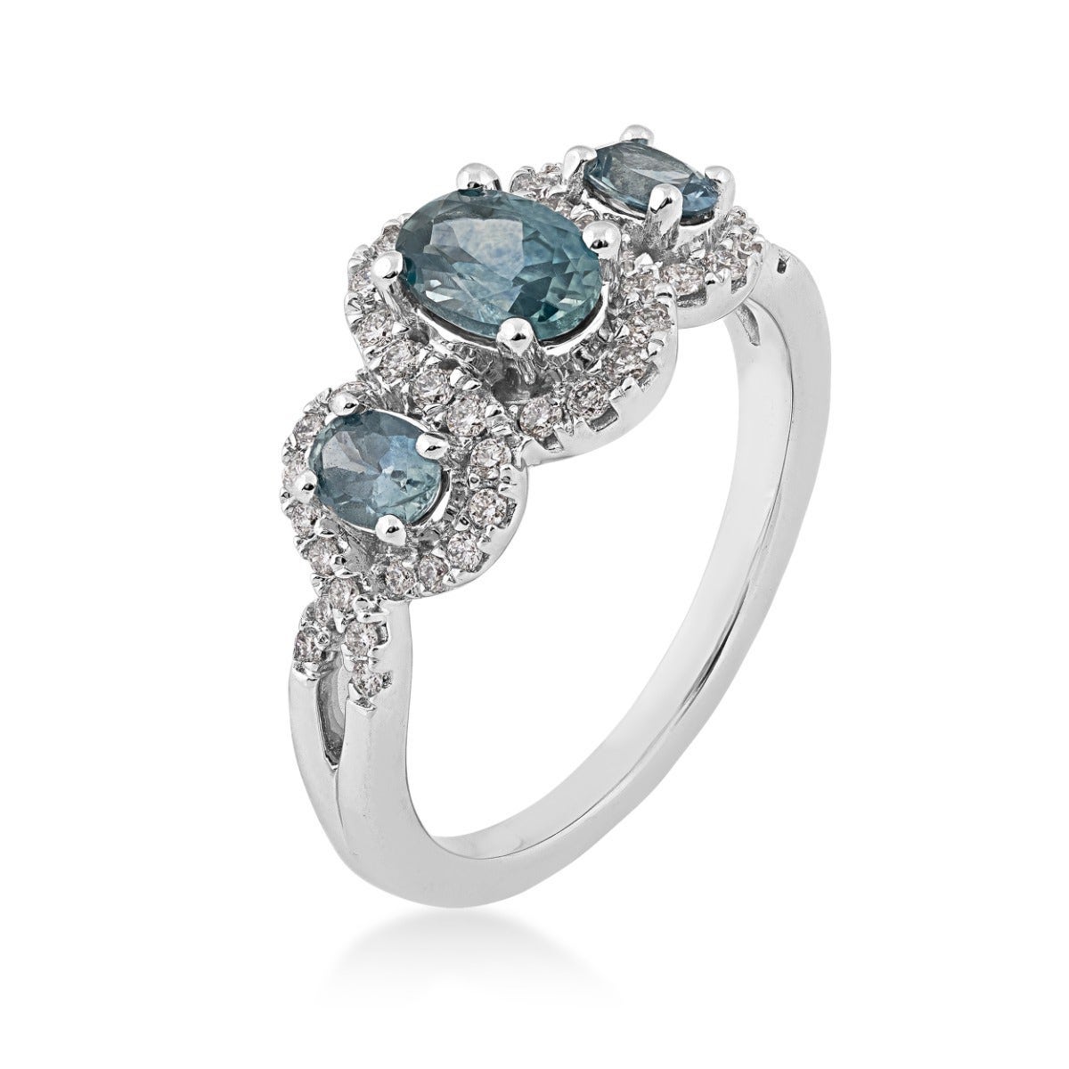 American Colors 3-Stone Oval Montana Sapphire & 1/4 ct. tw. Diamond Halo Ring in 10K White Gold front view