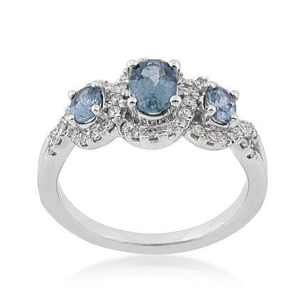 American Colors 3-Stone Oval Montana Sapphire & 1/4 ct. tw. Diamond Halo Ring in 10K White Gold