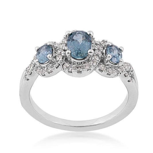 American Colors 3-Stone Oval Montana Sapphire & 1/4 ct. tw. Diamond Halo Ring in 10K White Gold