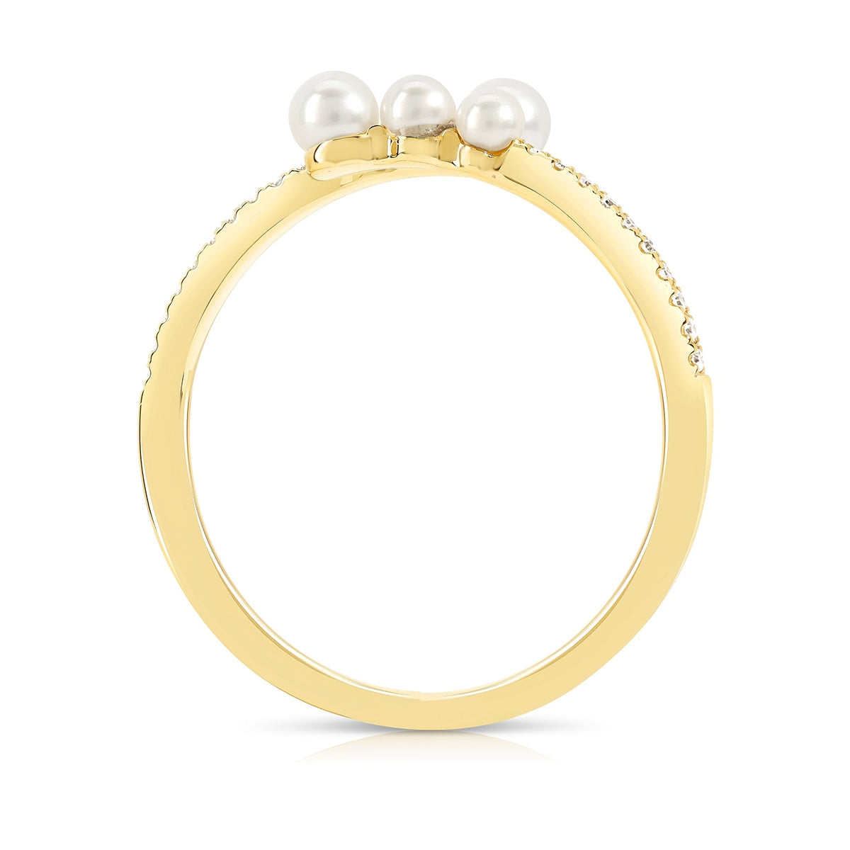 JustDesi Cultured Pearl & 1/20 ct. tw. Diamond Pave Bypass Ring in 14K Yellow Gold close-up detail