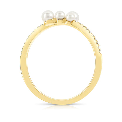 JustDesi Cultured Pearl & 1/20 ct. tw. Diamond Pave Bypass Ring in 14K Yellow Gold close-up detail