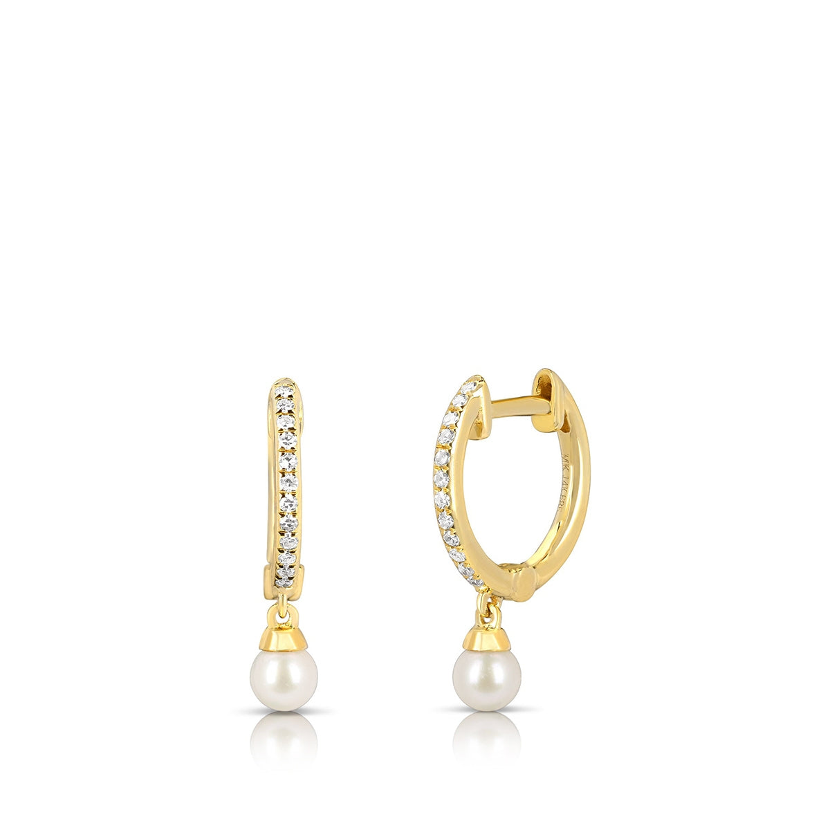 JustDesi Cultured Pearl & 1/12 ct. tw. Diamond Huggie Hoops in 14K Yellow Gold