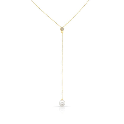 JustDesi Cultured Pearl & 1/12 ct. tw. Diamond Adjustable Lariat Necklace in 14K Yellow Gold