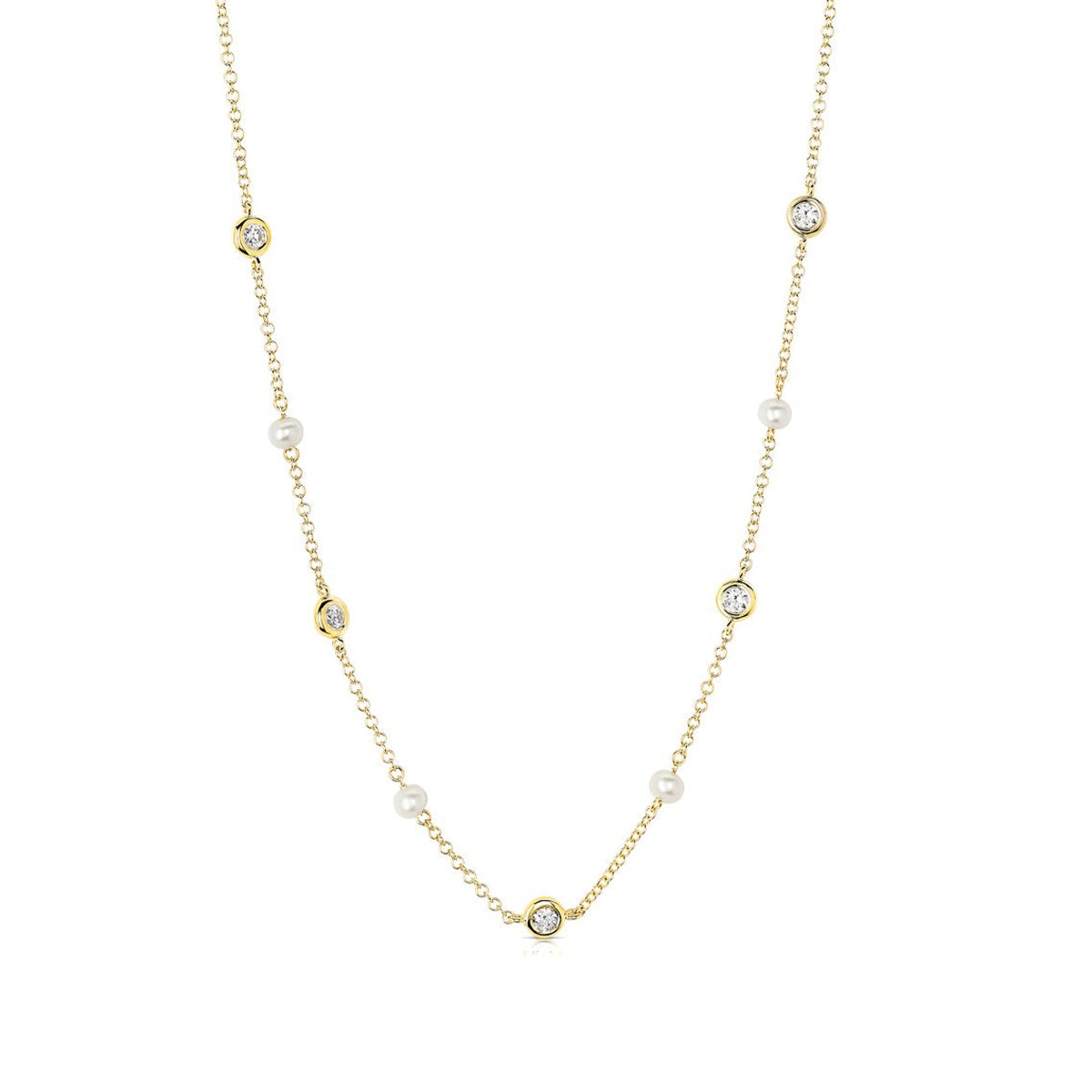 JustDesi Cultured Pearl & 1/7 ct. tw. Diamond Station Layering Necklace in 14K Yellow Gold